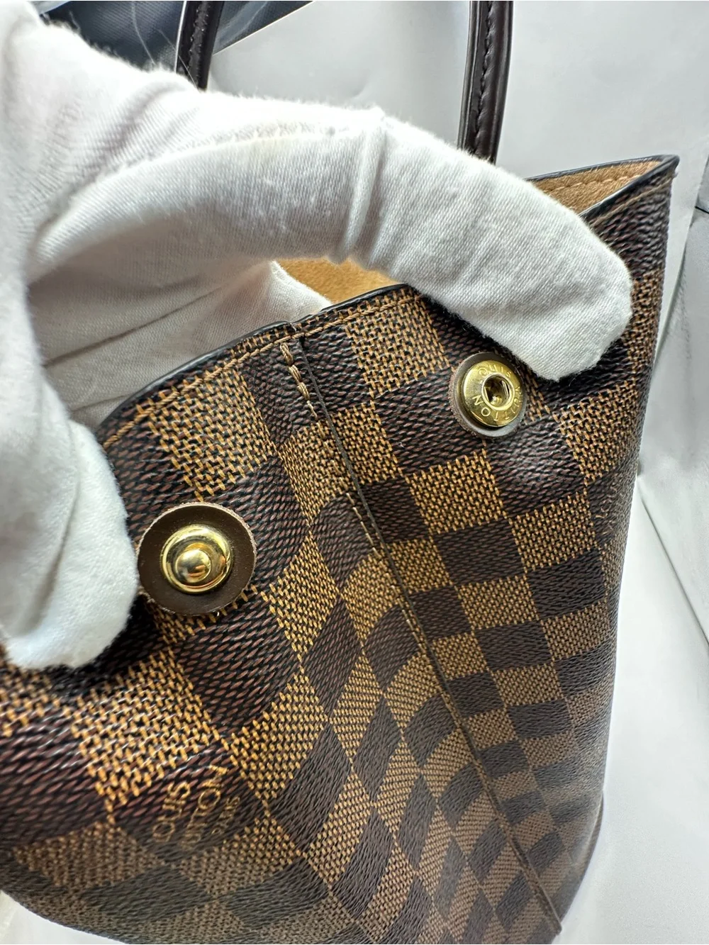 Louis Vuitton Brown Damier Ebene Kensington Canvas Tote with Gold V Detail